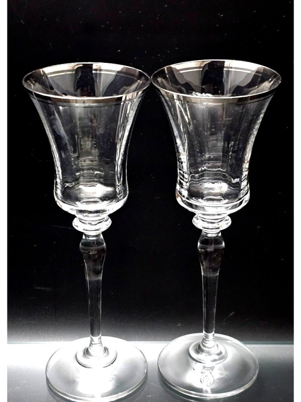 2 Mikasa Jamestown Platinum Wine Glasses 8.75" shiny silver rim elegant fine cry